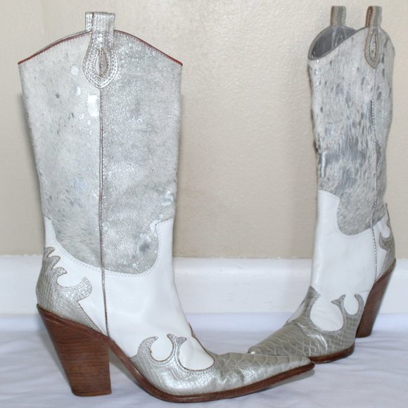 Para Raio White Silver Leather Pointed Toe Brazilian Cowgirl Boots Women's 10M - Picture 5 of 16